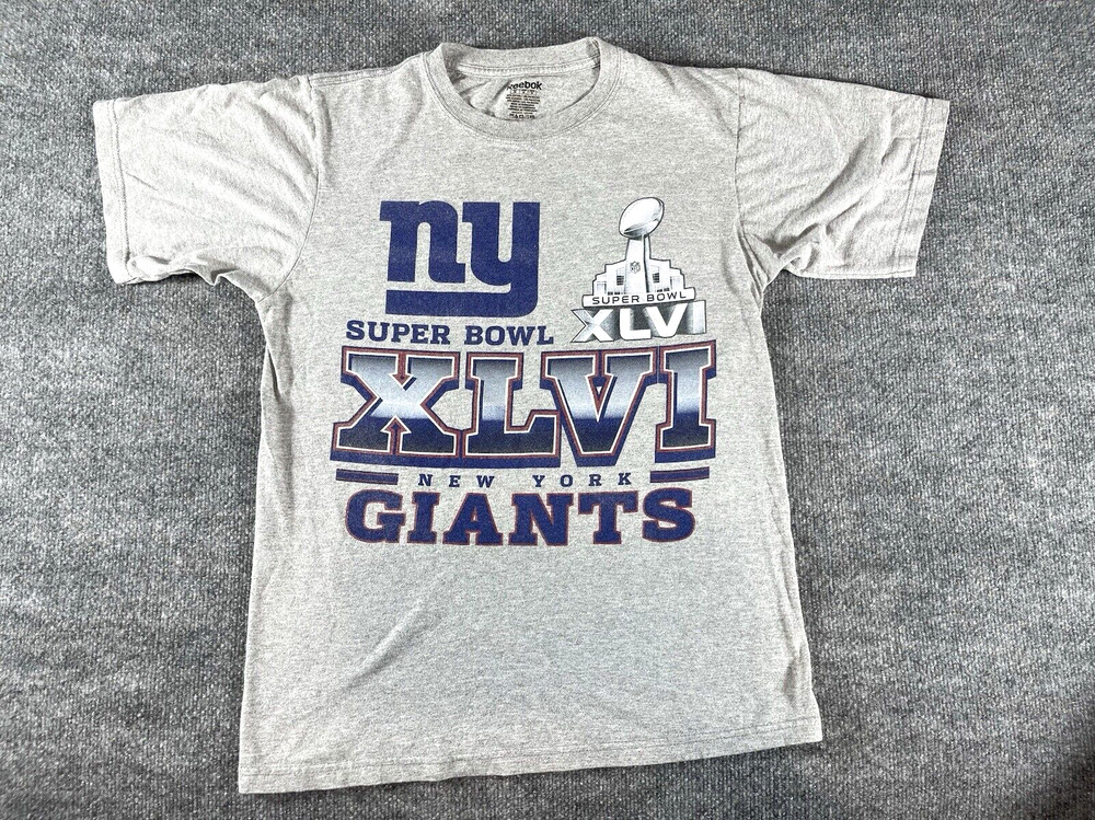 New York Giants Super Bowl Shirt Mens M XLVI Champs Gray Short Sleeves Athletic